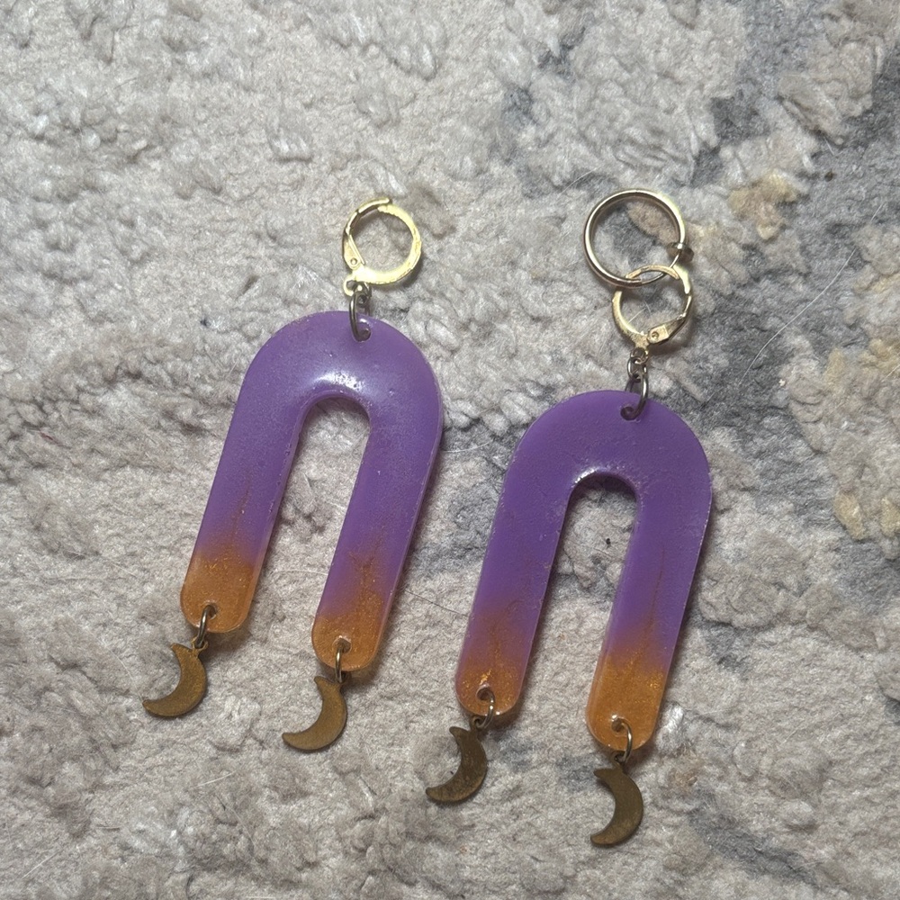 Purple and Gold Moon Earrings